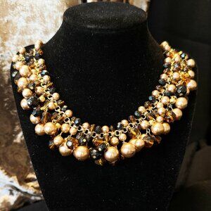 Gold Tone Chain Black + Amber Faceted Beads Taupe Pearls Wide Collar Necklace